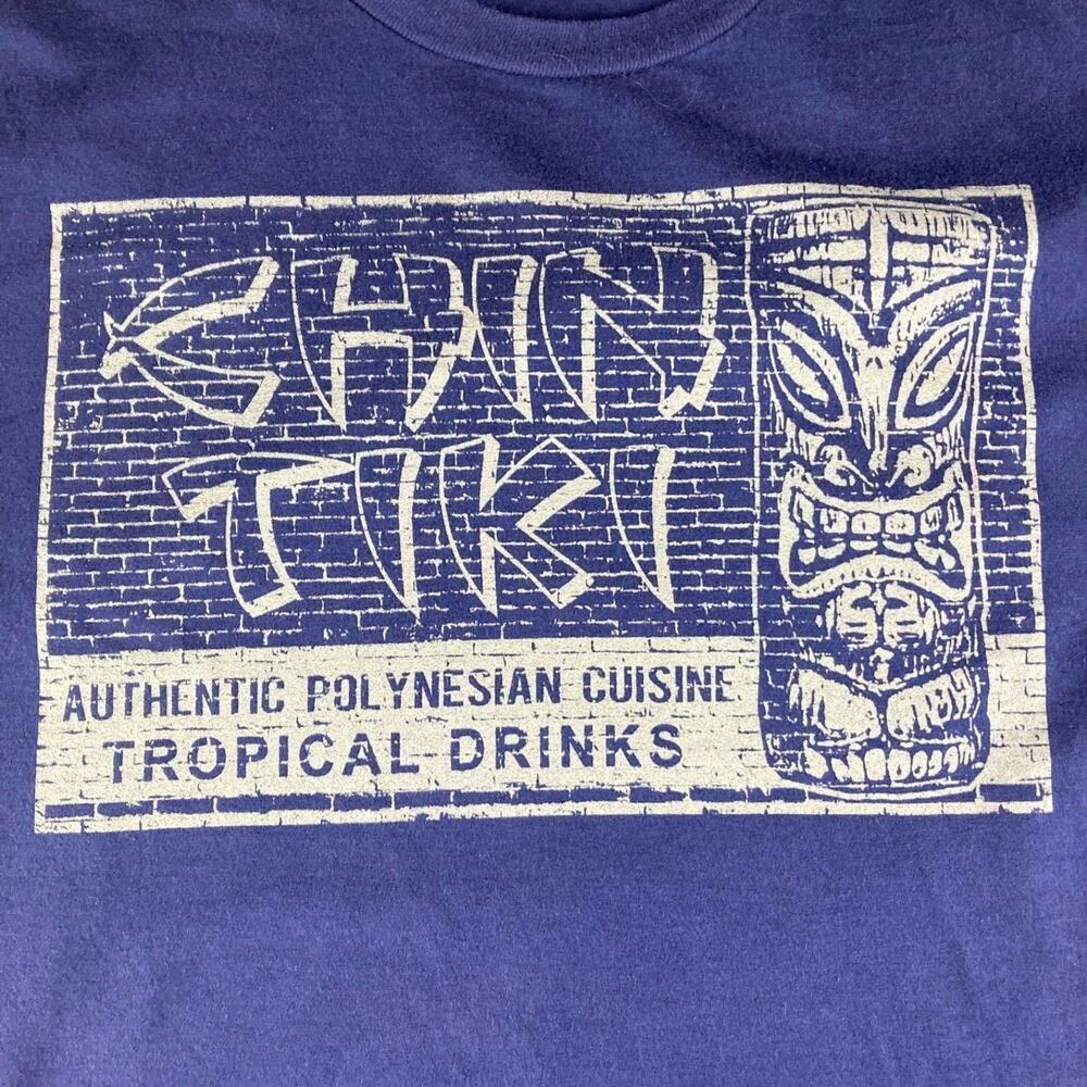 Chin Tiki T Shirt Mens 2XL Blue Polynesian Cuisine Tropical Drinks Graphic Tee
